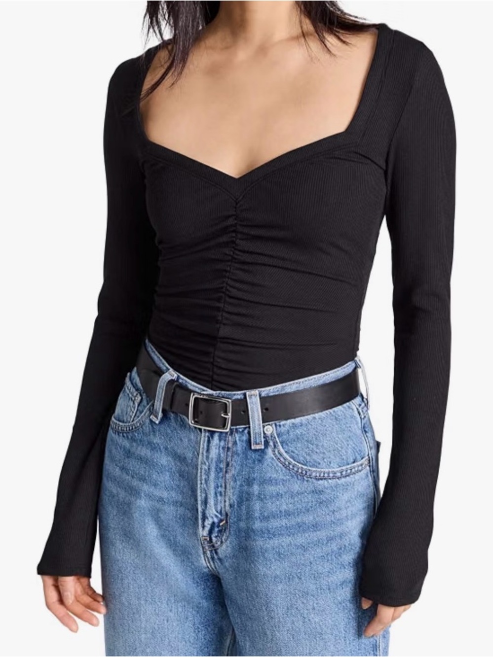 PAIGE Annalisa Black Sweetheart Neck Ruched Ribbed Long Sleeve Top XS